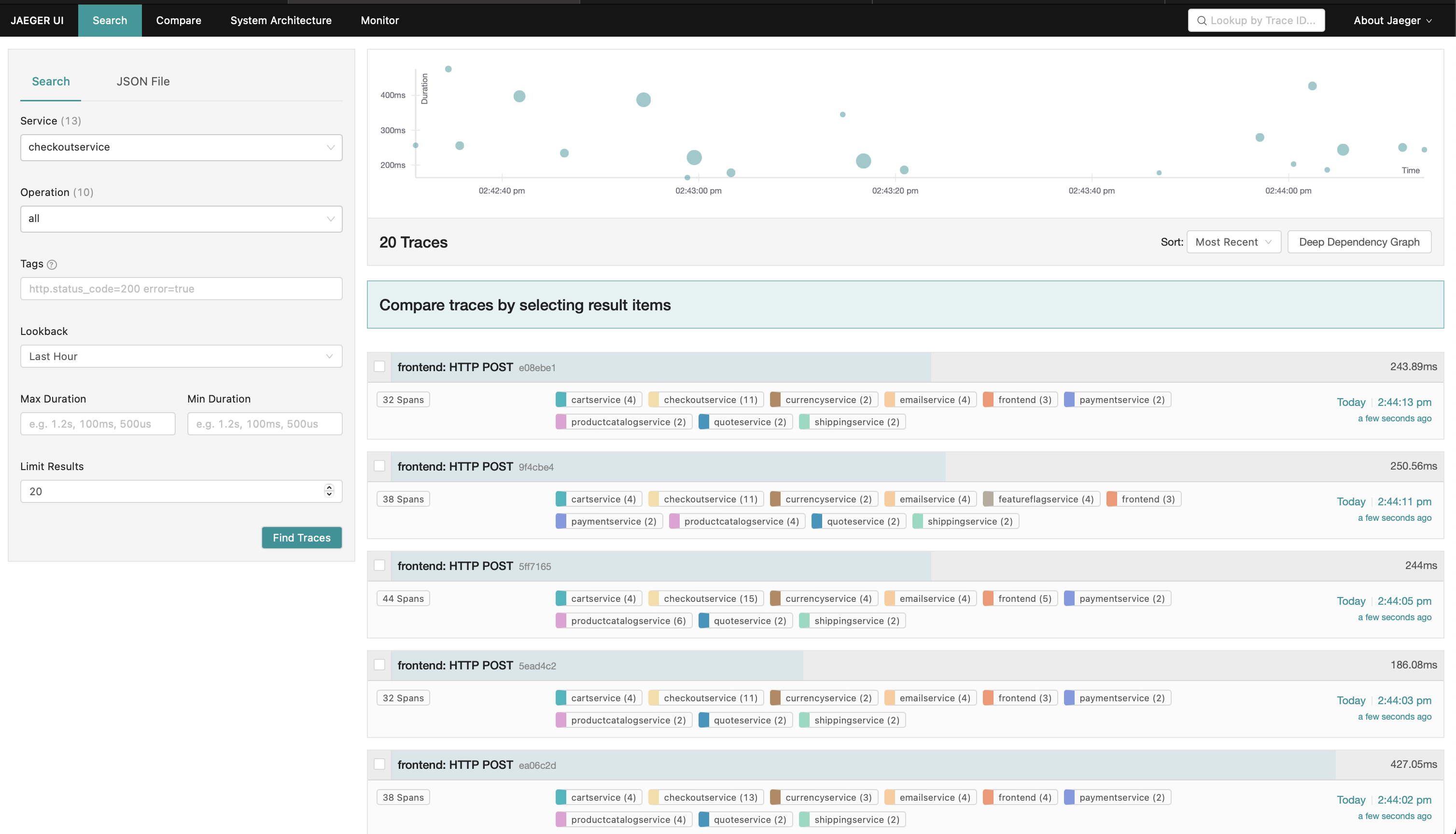 Screen capture of the Jaeger UI Screen capture of the Jaeger UI